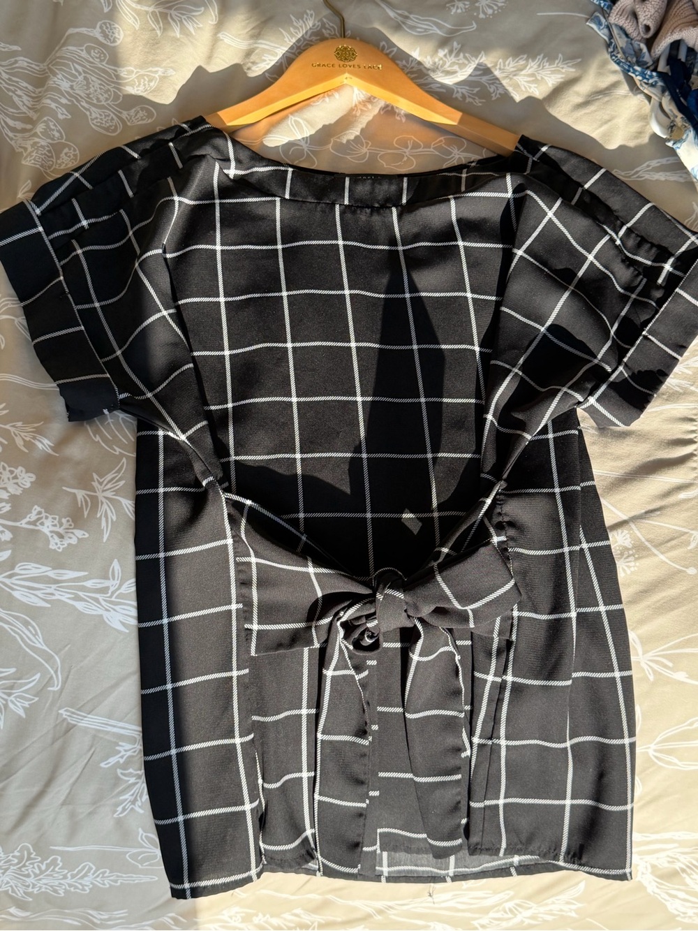 Black Windowpane Tie-Back Women's Blouse